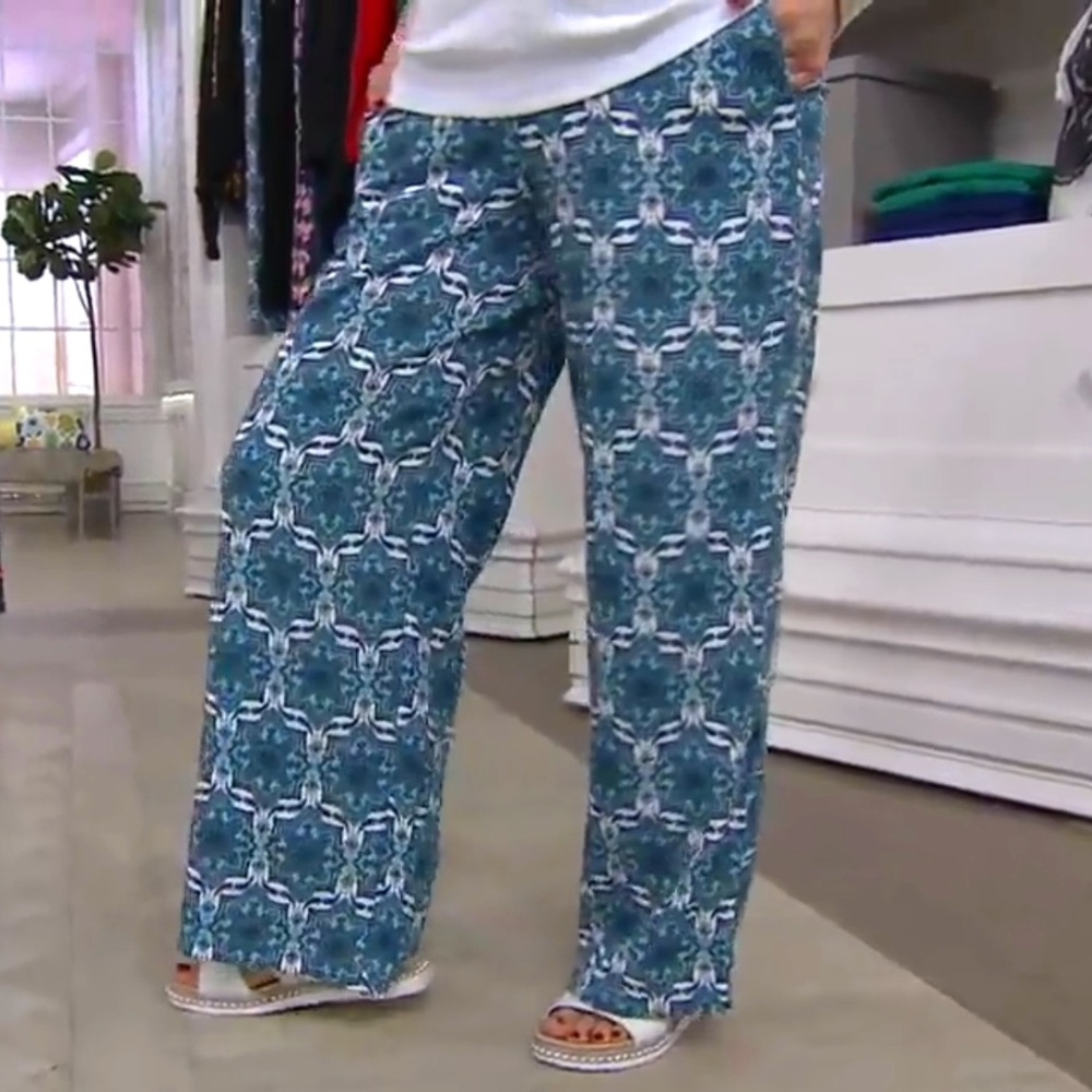 BROOKE SHIELDS Woven Pull-On Wide-Leg Pants with Side Slits Blue Moroccan SZ L